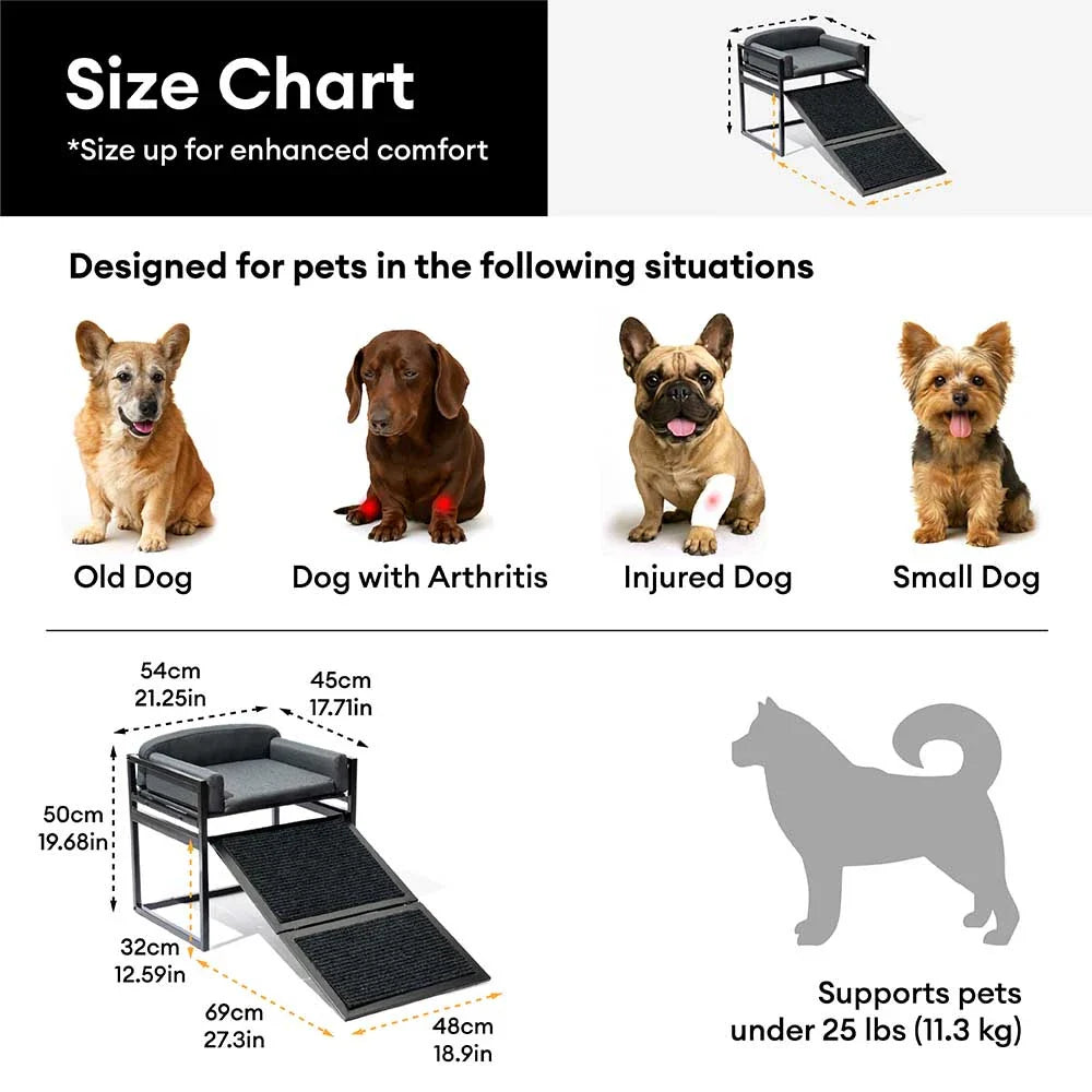 Elevated Pet Sofa Bed with Stairs Ramp for Bedside Lounge or Dog Window Perch