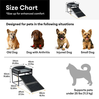 Elevated Pet Sofa Bed with Stairs Ramp for Bedside Lounge or Dog Window Perch