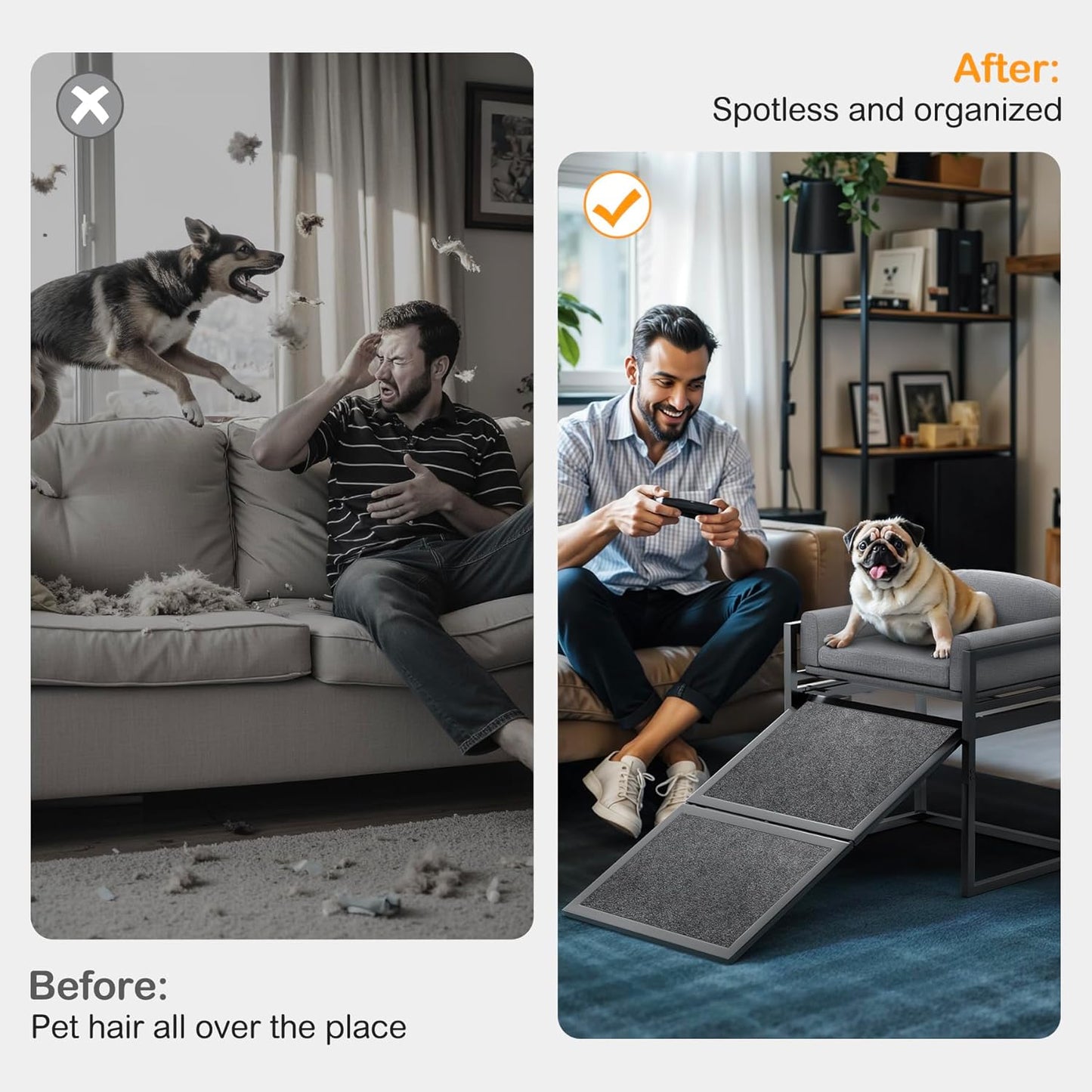 Elevated Pet Sofa Bed with Stairs Ramp for Bedside Lounge or Dog Window Perch